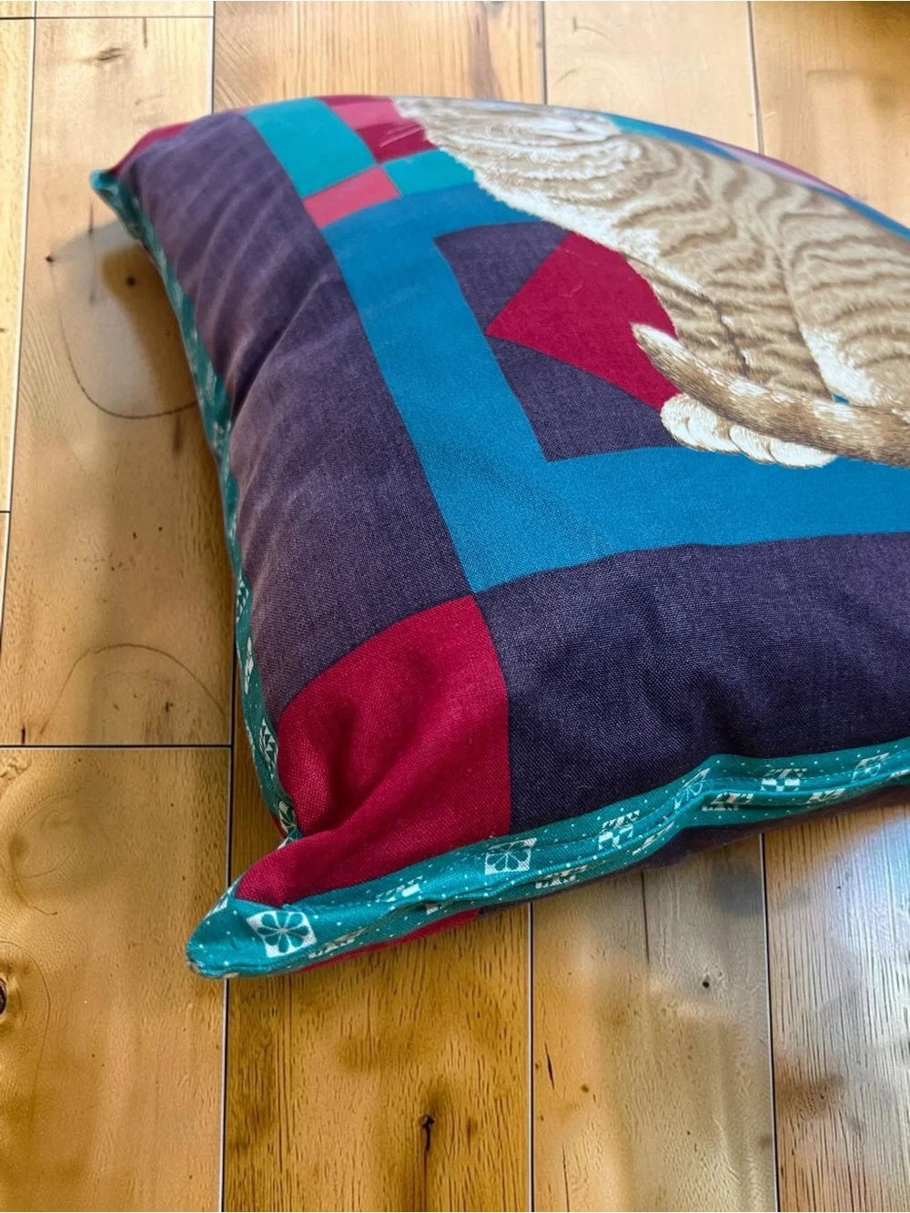 Vintage 90s Cat Throw Pillow Blue Eyed Tabby Patchwork Cottagecore